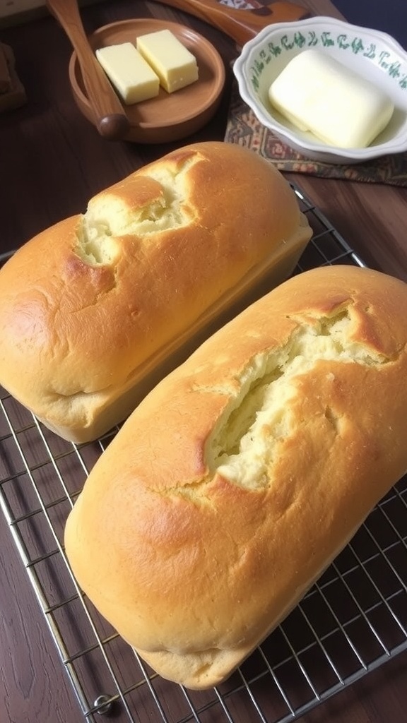 Homemade Sandwich Bread Recipe Two golden brown loaves of homemade sandwich bread cooling on a wire rack, sliced to show fluffy interior.